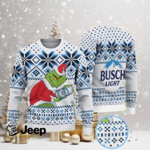 White Blue Snowflake Pattern Ugly Christmas Sweater with Grinch Holding Busch Light Beer Design.jfif White Blue Snowflake Pattern Ugly Christmas Sweater with Grinch Holding Busch Light Beer Design.jfif