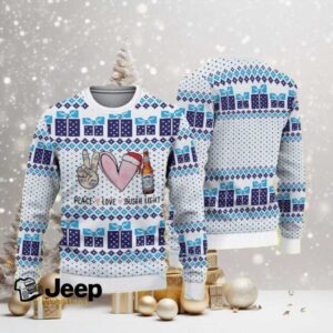 White Ugly Christmas Sweater with Blue Gift Box Pattern, Peace Love and Busch Light Beer Design.jfif White Ugly Christmas Sweater with Blue Gift Box Pattern, Peace Love and Busch Light Beer Design.jfif