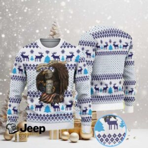 White Ugly Christmas Sweater with Blue Snowflake and Reindeer Pattern, Eagle Holding Busch Light Beer and American Flag Design.jfif White Ugly Christmas Sweater with Blue Snowflake and Reindeer Pattern, Eagle Holding Busch Light Beer and American Flag Design.jfif