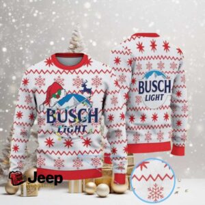 White and Red Ugly Christmas Sweater with Snowflake Pattern, Santa Hat, and Busch Light Beer Theme.jfif White and Red Ugly Christmas Sweater with Snowflake Pattern, Santa Hat, and Busch Light Beer Theme.jfif