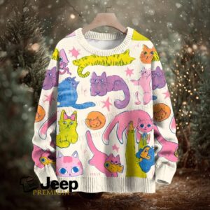 Cartoon Colorful Cat Printed Crew Neck Sweater Cartoon Colorful Cat Printed Crew Neck Sweater