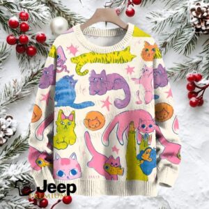 Cartoon Colorful Cat Printed Crew Neck Sweater