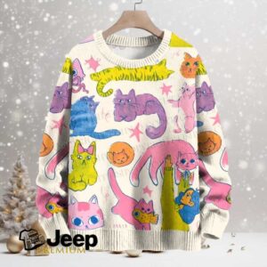 Cartoon Colorful Cat Printed Crew Neck Sweater