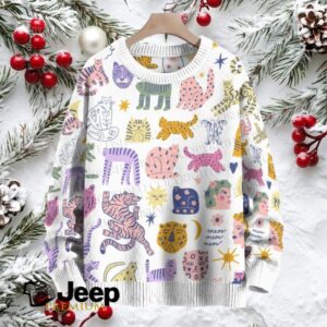 Colorful Cartoon Cat Printed Crew Neck Sweater