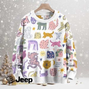 Colorful Cartoon Cat Printed Crew Neck Sweater