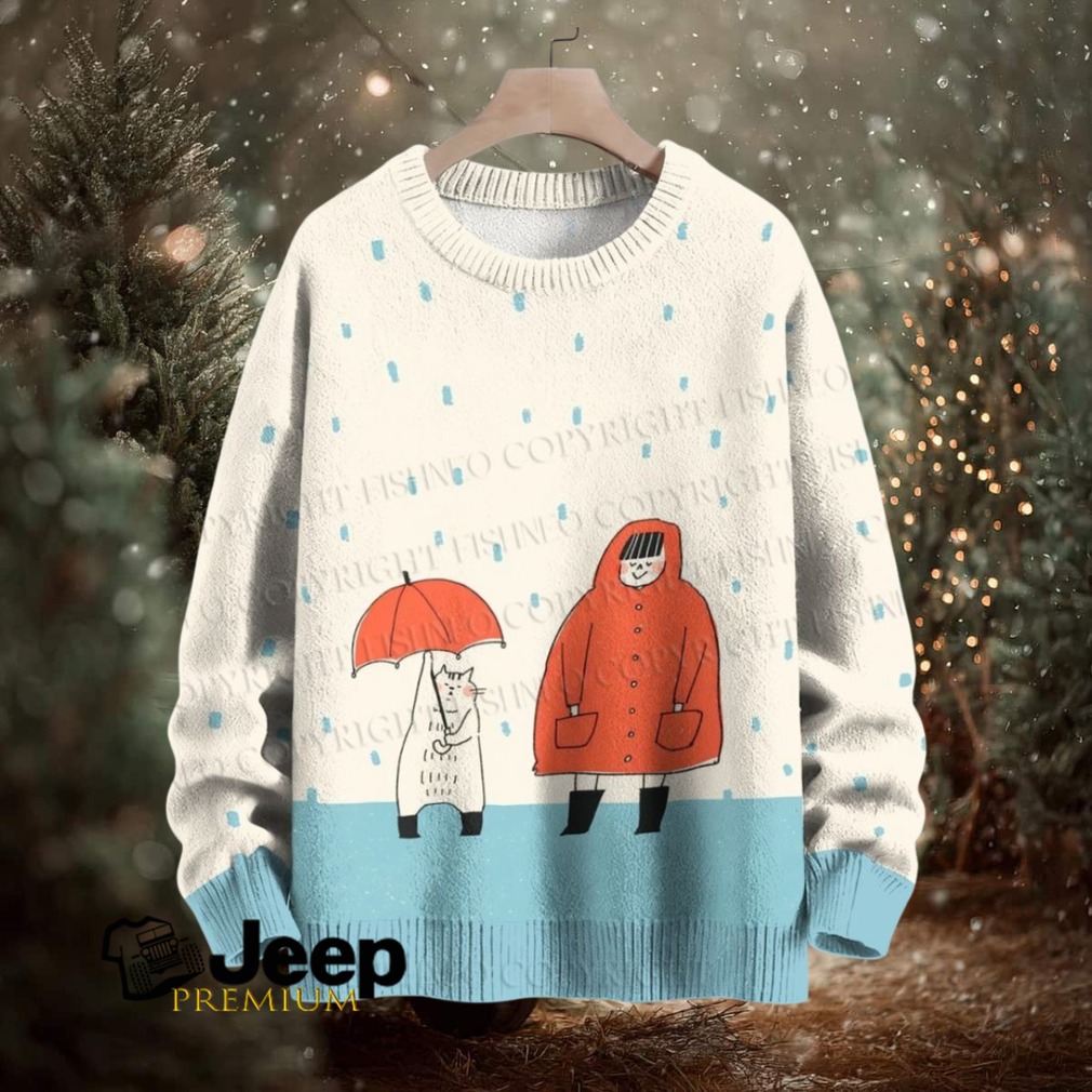 Girl and Cat in Rainday Crew Neck Sweater Girl and Cat in Rainday Crew Neck Sweater