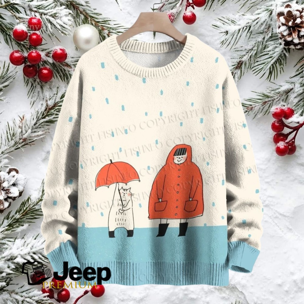 Girl and Cat in Rainday Crew Neck Sweater Girl and Cat in Rainday Crew Neck Sweater