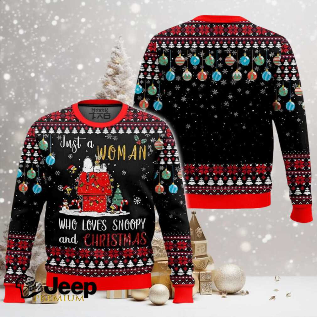 Just A Woman Who Loves Snoopy The Charlie Brown and Snoopy Show Ugly Christmas Sweater Just A Woman Who Loves Snoopy The Charlie Brown and Snoopy Show Ugly Christmas Sweater