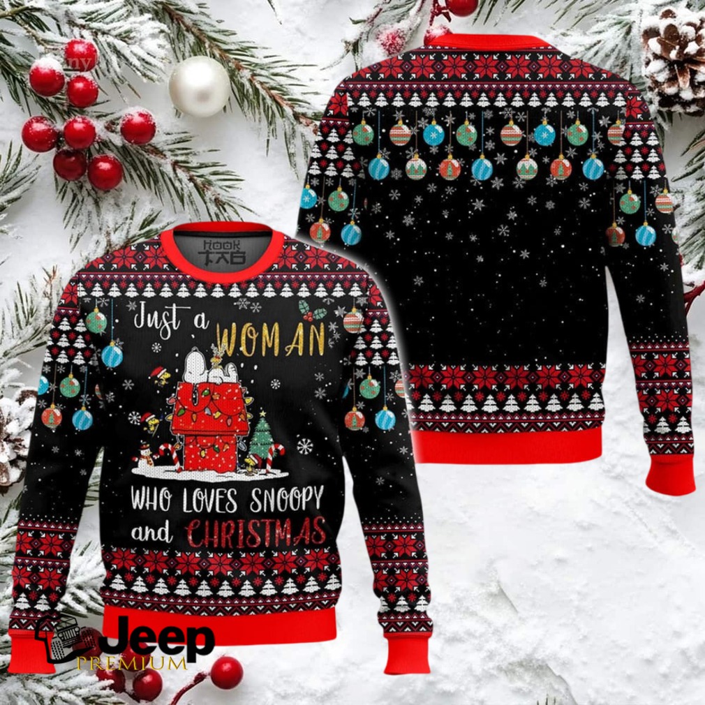 Just A Woman Who Loves Snoopy The Charlie Brown and Snoopy Show Ugly Christmas Sweater Just A Woman Who Loves Snoopy The Charlie Brown and Snoopy Show Ugly Christmas Sweater
