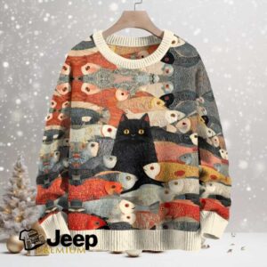 Vintage Japanese Black Cat Koi Fish Crew Neck Sweater