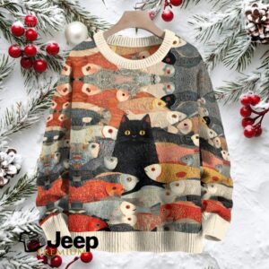 Vintage Japanese Black Cat Koi Fish Crew Neck Sweater