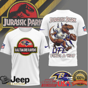 Baltimore Ravens Jurassic Park T Shirt Life Finds A Way NFL Fan Gear