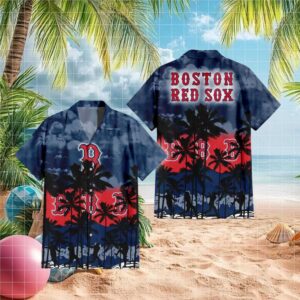 Boston Red Sox MLB Hawaiian Shirt Navy & Red Tropical Palm Fan Apparel
