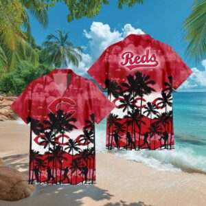 Cincinnati Reds MLB Hawaiian Shirt Red Tropical Palm & Baseball Player Pattern Cincinnati Reds MLB Hawaiian Shirt Red Tropical Palm & Baseball Player Pattern