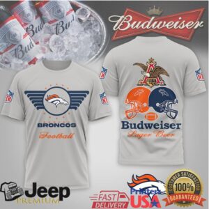 Denver Broncos x Budweiser Football Lager Beer Orange & Navy T Shirt Denver Broncos x Budweiser Football Lager Beer Orange & Navy T Shirt