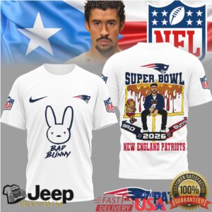 New England Patriots Official NFL Bad Bunny Super Bowl 3D Shirt