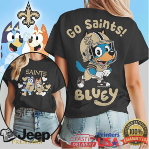 New Orleans Saints x Bluey Fan T Shirt Go Saints Bluey & Bingo Tee New Orleans Saints x Bluey Fan T Shirt Go Saints Bluey & Bingo Tee