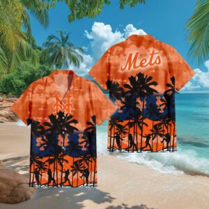 New York Mets MLB Tropical Sunset Hawaiian Shirt Palm Tree Baseball Silhouette New York Mets MLB Tropical Sunset Hawaiian Shirt Palm Tree Baseball Silhouette