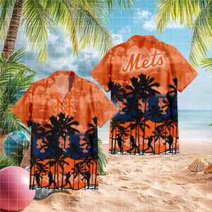 New York Mets MLB Tropical Sunset Hawaiian Shirt Palm Tree Baseball Silhouette