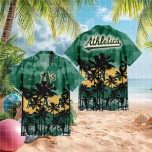 Oakland Athletics MLB Green Tropical Hawaiian Shirt Palm Tree & Baseball Player