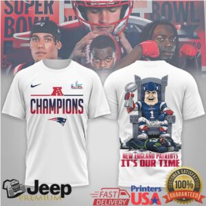 Patriots Super Bowl LIX Champions “It's Our Time” Mascot Throne T Shirt