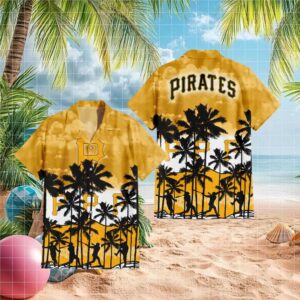 Pittsburgh Pirates MLB Gold Tropical Hawaiian Shirt Sunset Beach Baseball Silhouette