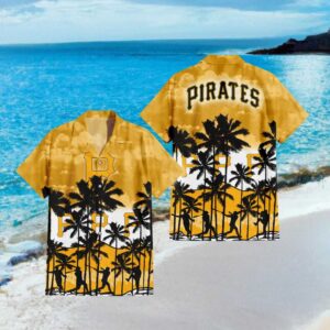 Pittsburgh Pirates MLB Gold Tropical Hawaiian Shirt Sunset Beach Baseball Silhouette