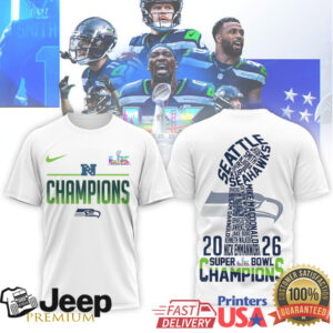 Seattle Seahawks Super Bowl LIX 2026 Champions Typography Roster T Shirt Seattle Seahawks Super Bowl LIX 2026 Champions Typography Roster T Shirt