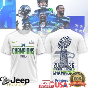 Seattle Seahawks Super Bowl LIX 2026 Champions Typography Roster T Shirt