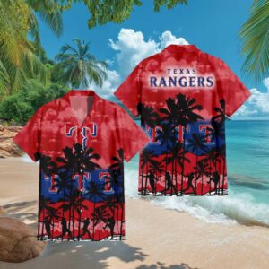 Texas Rangers MLB Red Tropical Hawaiian Shirt Sunset Palm Trees & Baseball Silhouette Texas Rangers MLB Red Tropical Hawaiian Shirt Sunset Palm Trees & Baseball Silhouette