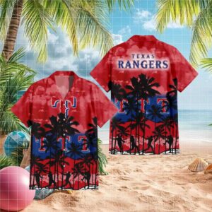 Texas Rangers MLB Red Tropical Hawaiian Shirt Sunset Palm Trees & Baseball Silhouette