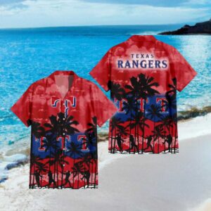 Texas Rangers MLB Red Tropical Hawaiian Shirt Sunset Palm Trees & Baseball Silhouette