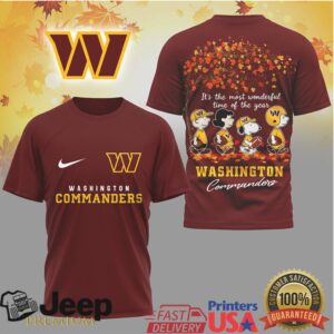 Washington Commanders Peanuts Snoopy Autumn Leaves Football Fan Tshirt Washington Commanders Peanuts Snoopy Autumn Leaves Football Fan Tshirt
