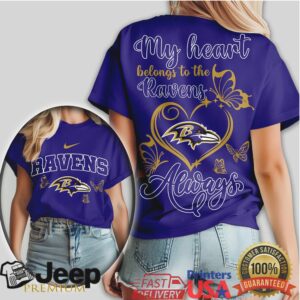 Baltimore Ravens Women’s Purple & Gold Butterfly Heart Always T Shirt Baltimore Ravens Women’s Purple & Gold Butterfly Heart Always T Shirt
