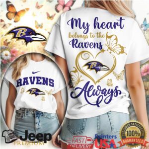 Baltimore Ravens Women's Purple & Gold Butterfly Heart Always T Shirt