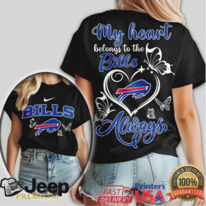 Buffalo Bills Women's Blue & White Butterfly Heart Fan T Shirt