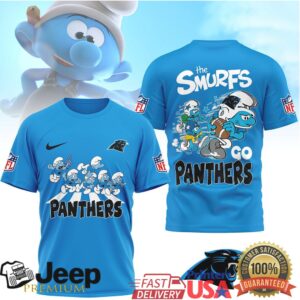 Carolina Panthers x The Smurfs Blue Cartoon NFL Graphic Tee Carolina Panthers x The Smurfs Blue Cartoon NFL Graphic Tee