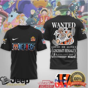 Cincinnati Bengals x One Piece Anime Wanted Poster 3D Printed Graphic Tee Cincinnati Bengals x One Piece Anime Wanted Poster 3D Printed Graphic Tee
