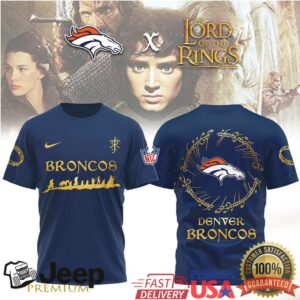 Denver Broncos x Lord of the Rings Fantasy Crossover T Shirt Fellowship of the Broncos Tee Denver Broncos x Lord of the Rings Fantasy Crossover T Shirt Fellowship of the Broncos Tee