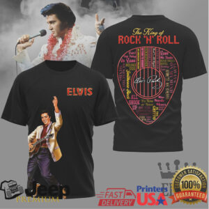 Elvis Presley The King of Rock 'N' Roll Signature Word Art Heart T Shirt