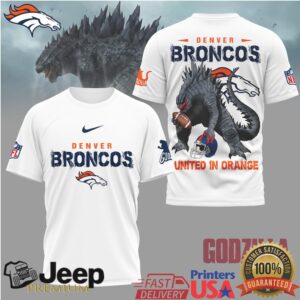 Godzilla x Denver Broncos United In Orange Football Graphic Tee