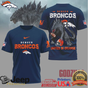 Godzilla x Denver Broncos United In Orange Football Graphic Tee
