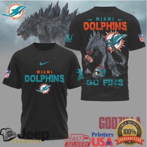 Godzilla x Miami Dolphins Go Fins NFL Graphic T Shirt Godzilla x Miami Dolphins Go Fins NFL Graphic T Shirt