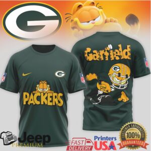 Green Bay Packers Garfield Cartoon NFL Jersey Style Tee Green Bay Packers Garfield Cartoon NFL Jersey Style Tee