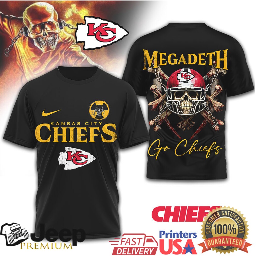 Kansas City Chiefs x Megadeth Vic Rattlehead Skull Football Tee Kansas City Chiefs x Megadeth Vic Rattlehead Skull Football Tee