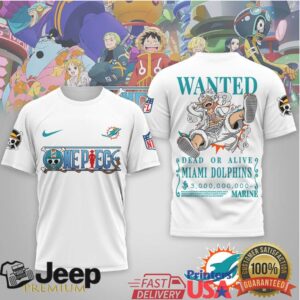 Miami Dolphins x One Piece Anime Wanted Poster 3D Printed Graphic T Shirt Miami Dolphins x One Piece Anime Wanted Poster 3D Printed Graphic T Shirt