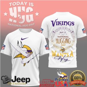 Minnesota Vikings National Hug Day Mascot Hug Special Edition Tee Minnesota Vikings National Hug Day Mascot Hug Special Edition Tee