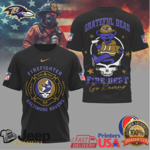 NFL Baltimore Ravens Firefighter Grateful Dead Skull & Bear Design Shirt