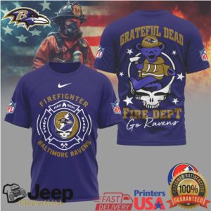 NFL Baltimore Ravens Firefighter Grateful Dead Skull & Bear Design Shirt