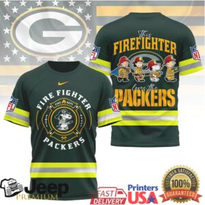 NFL Green Bay Packers Firefighter Snoopy Peanuts Fireman Crew Tee NFL Green Bay Packers Firefighter Snoopy Peanuts Fireman Crew Tee